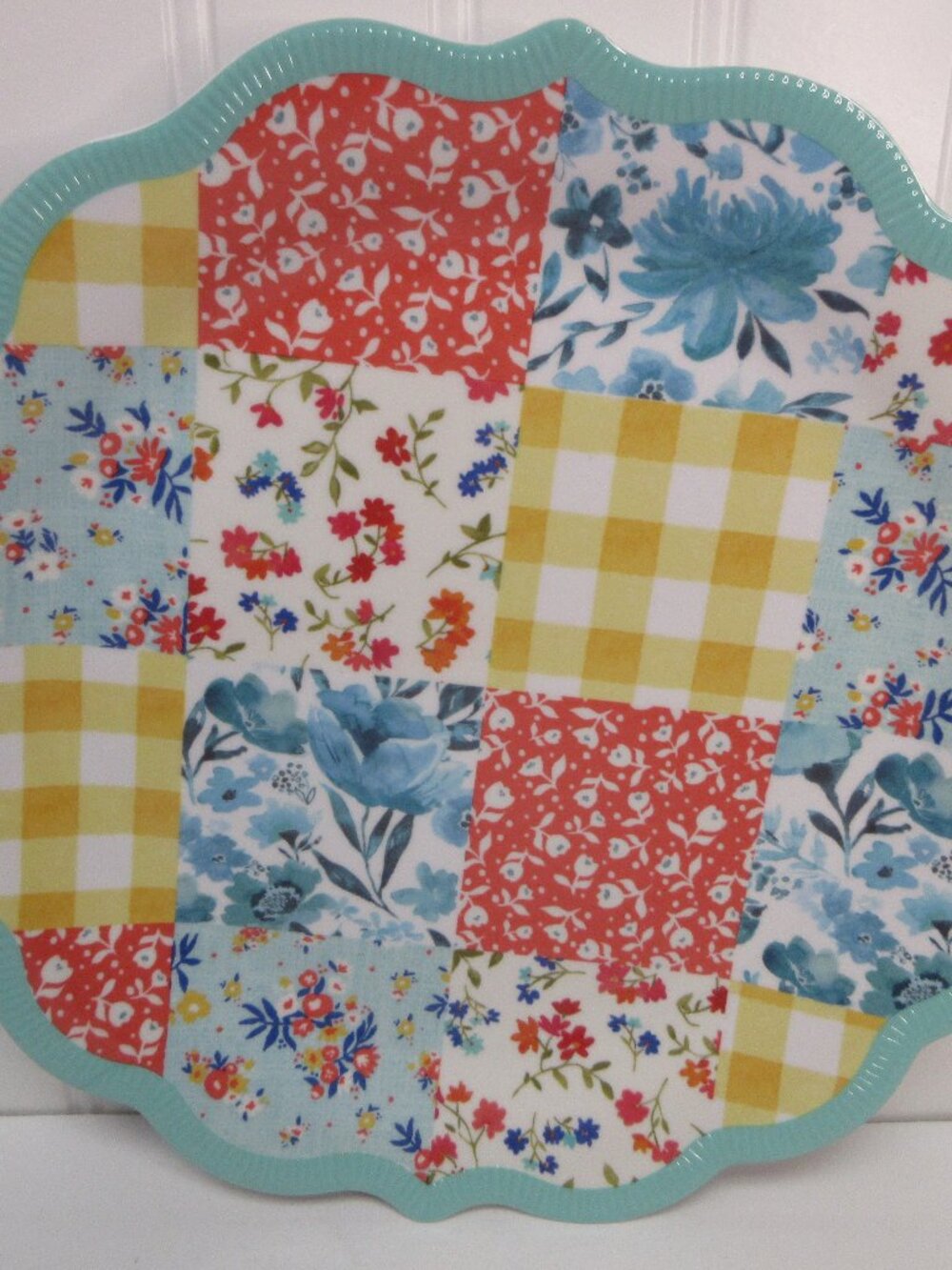 Set of 4 Pioneer Woman Dinner Plates Patchwork Medley Melamine Teal 10.7 dia